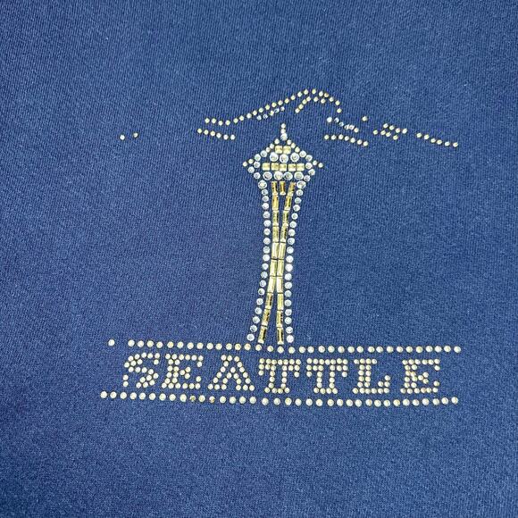 VINTAGE Seattle Space Needle Crewneck Sweater Large Mens Blue Rhinestone - Picture 3 of 10